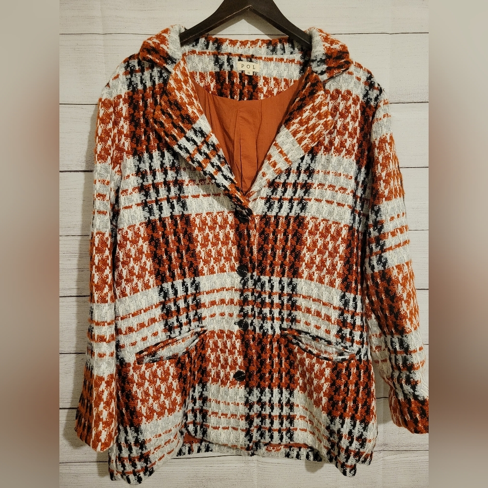 POL Anthropology Plaid Tweed Blazer Jacket Buttons Size Small Frayed